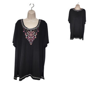 Philosophy Embroidery Accent Round Neck Short Sleeve Blouse  SZ2XL Multi-Black